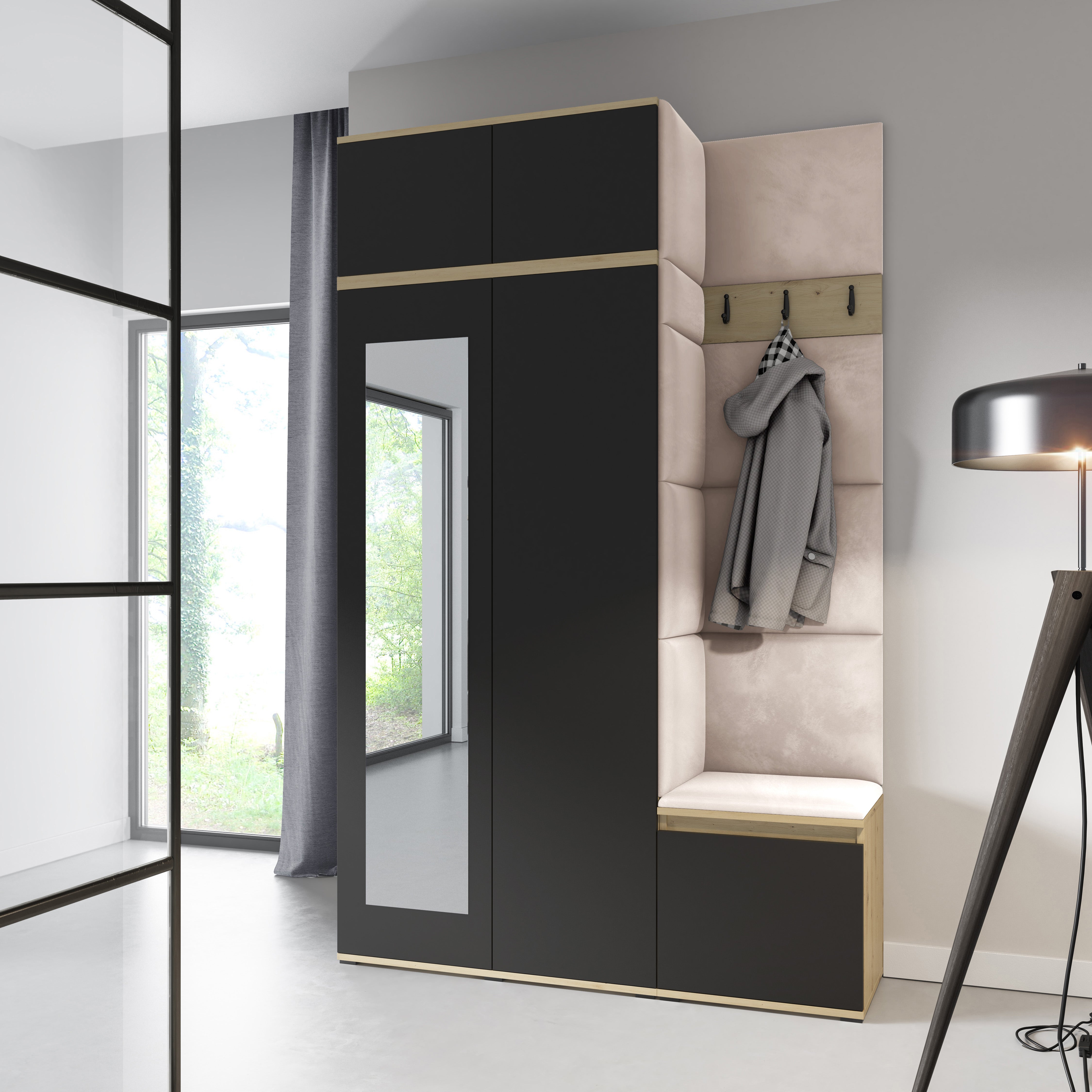 PK Emi 20 Hallway Wardrobe Artisan Oak / Black - Upholstered Panels in Various Colours