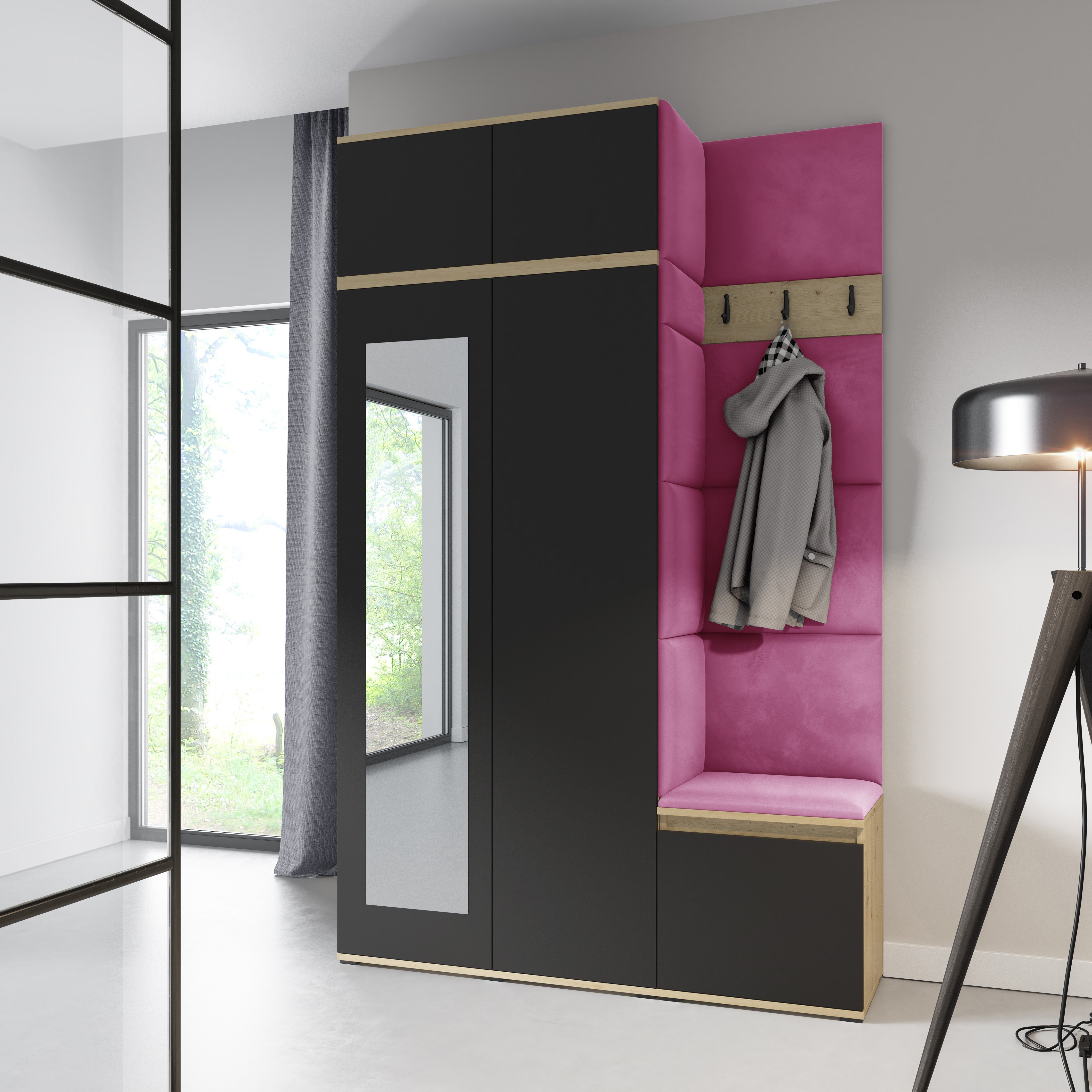 PK Emi 20 Hallway Wardrobe Artisan Oak / Black - Upholstered Panels in Various Colours