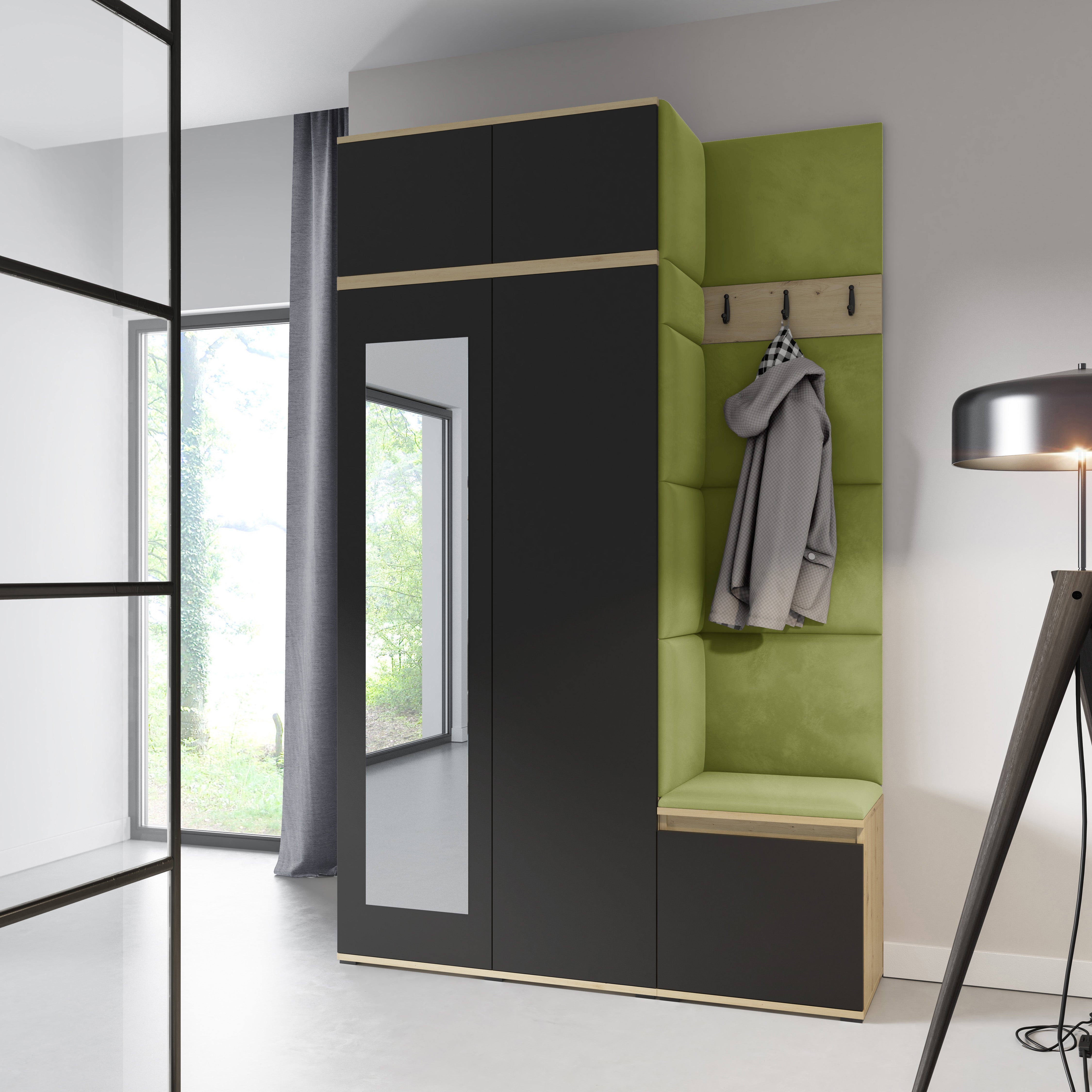 PK Emi 20 Hallway Wardrobe Artisan Oak / Black - Upholstered Panels in Various Colours