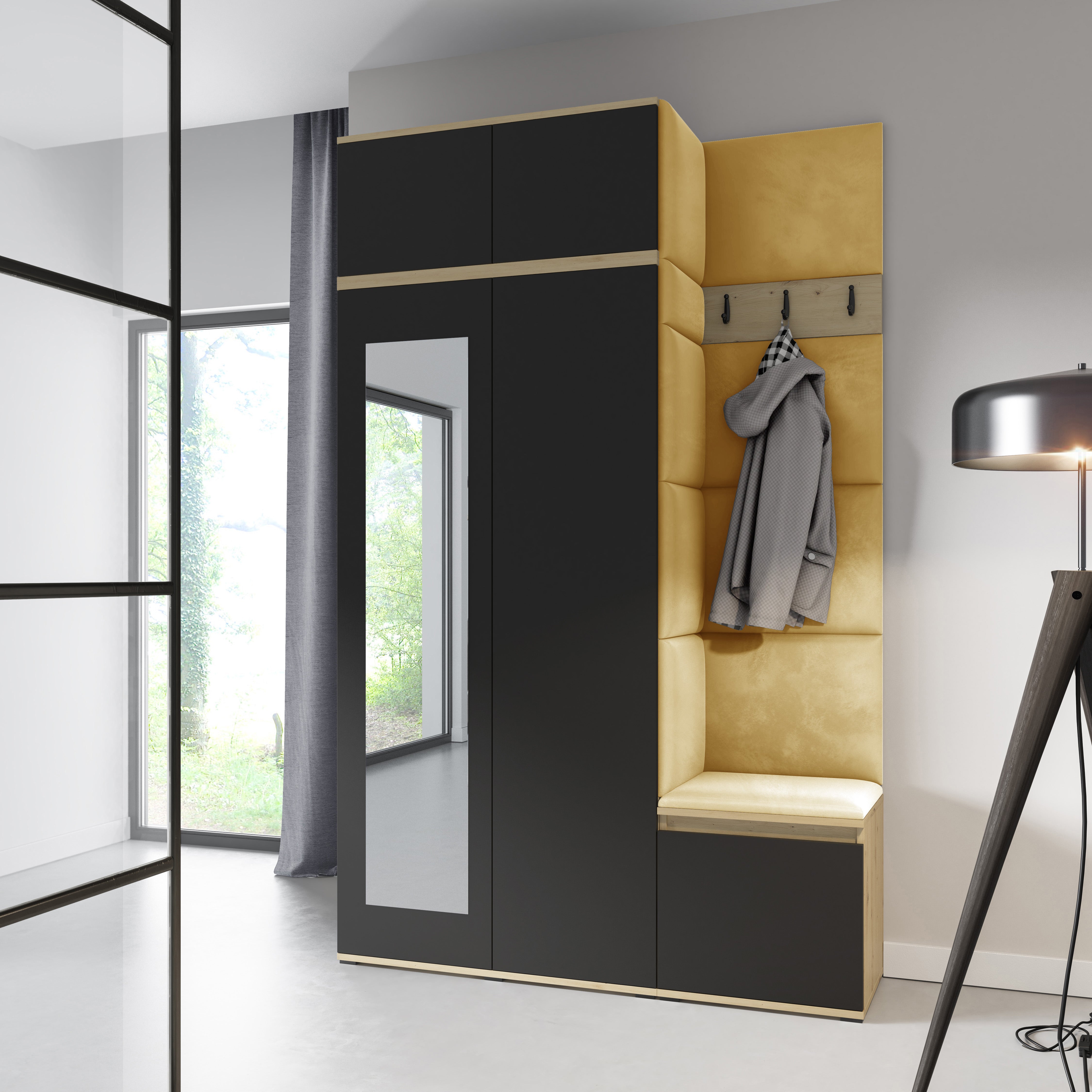 PK Emi 20 Hallway Wardrobe Artisan Oak / Black - Upholstered Panels in Various Colours