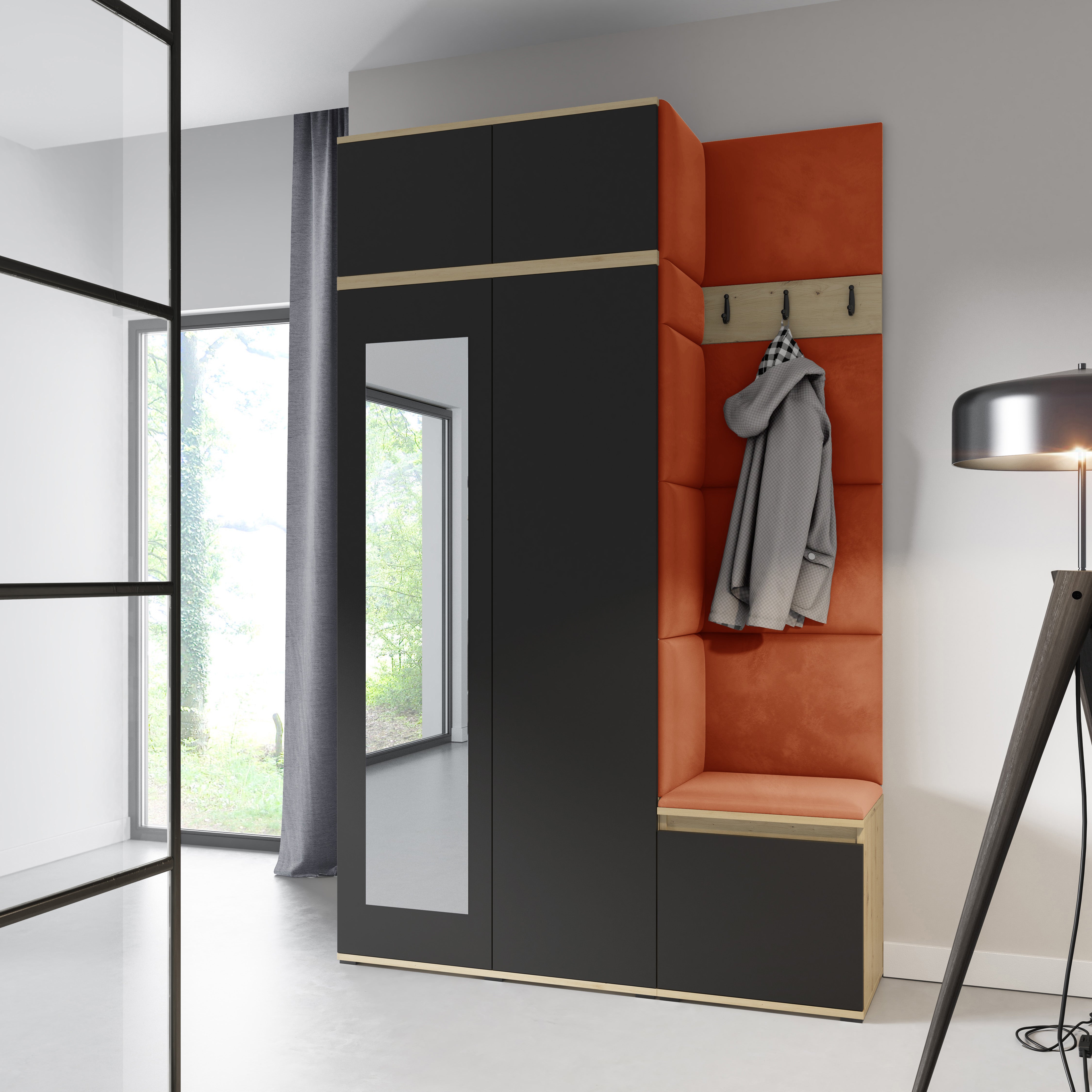 PK Emi 20 Hallway Wardrobe Artisan Oak / Black - Upholstered Panels in Various Colours