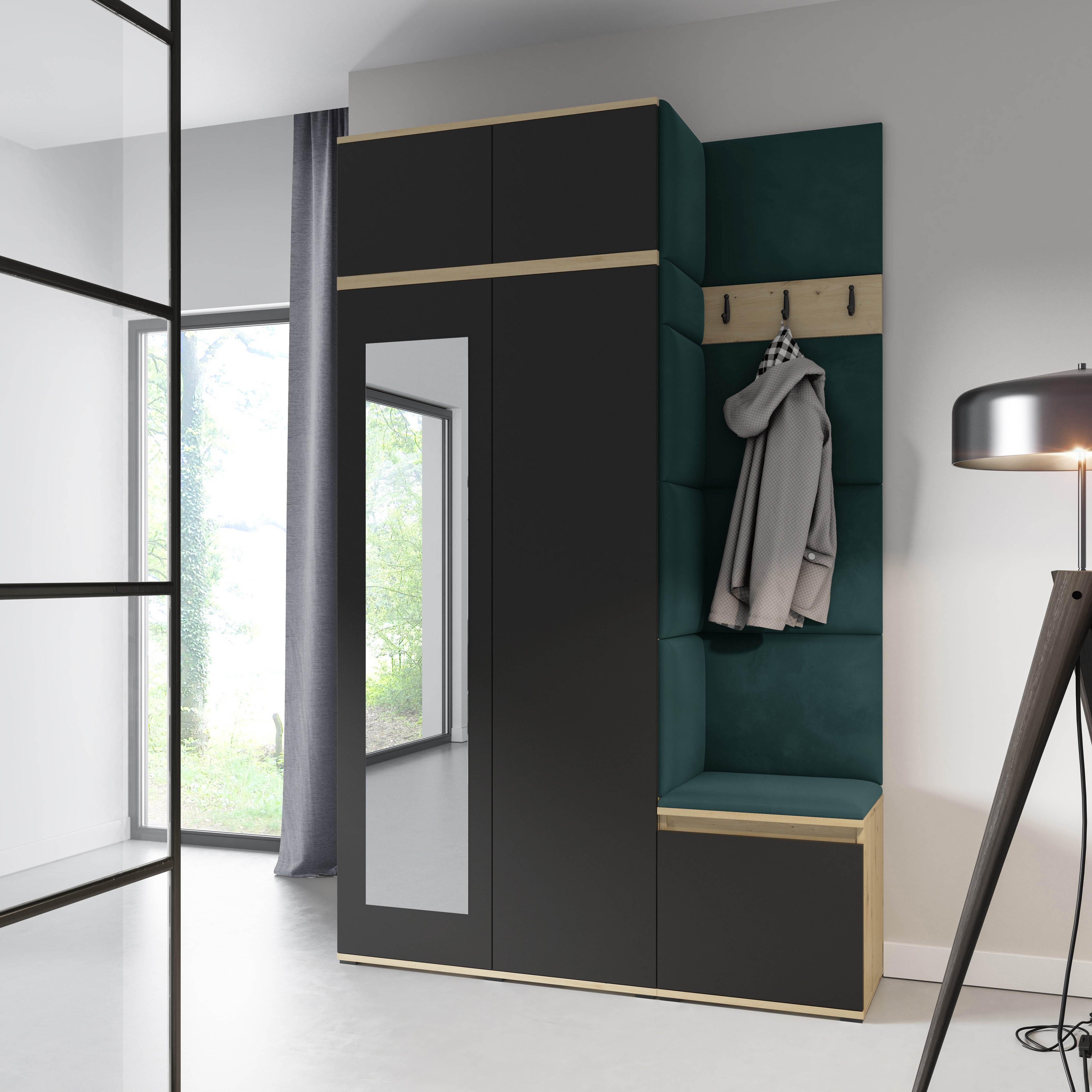 PK Emi 20 Hallway Wardrobe Artisan Oak / Black - Upholstered Panels in Various Colours