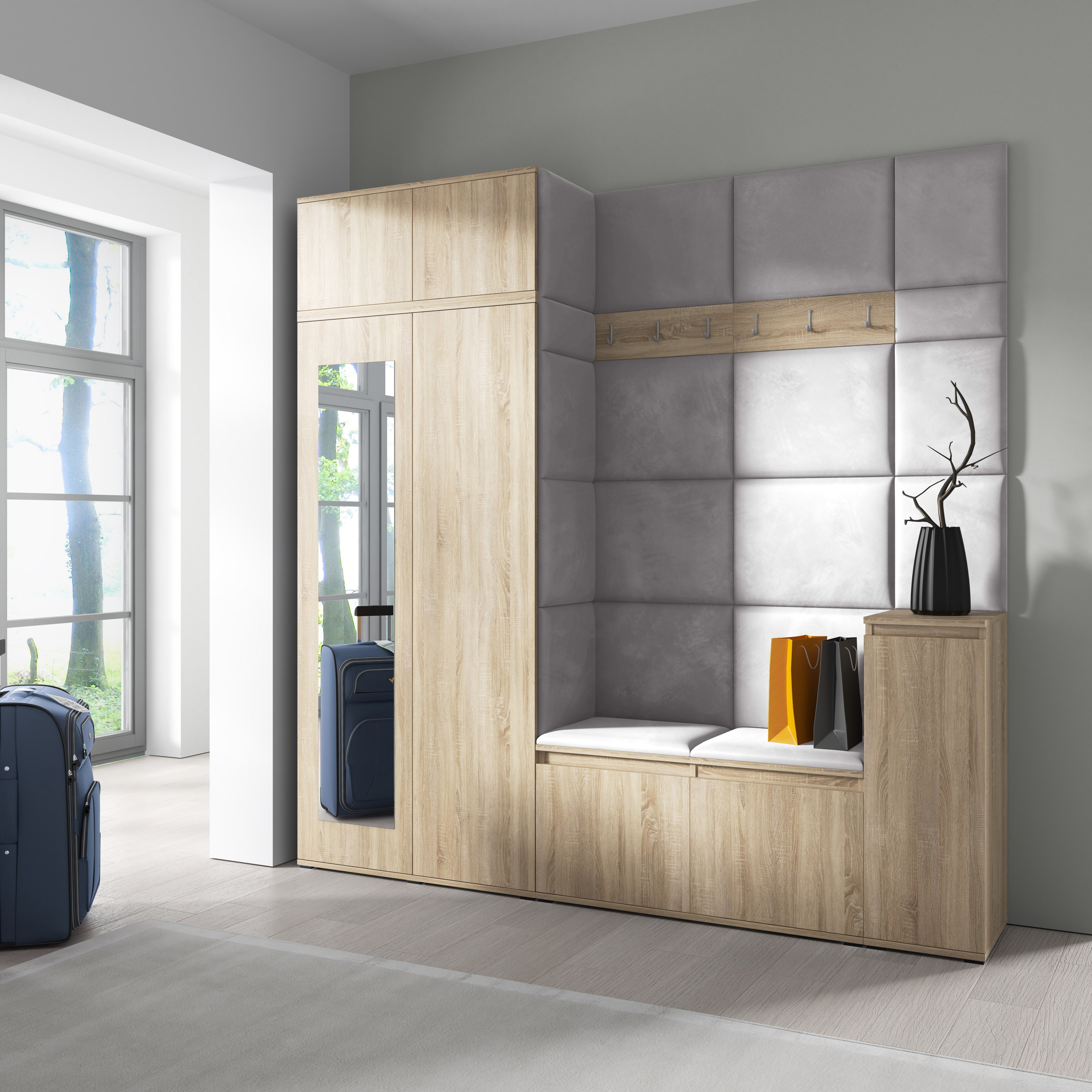 PK Emi 26 Hallway Wardrobe Sonoma Oak - Upholstered Panels in Various Colours