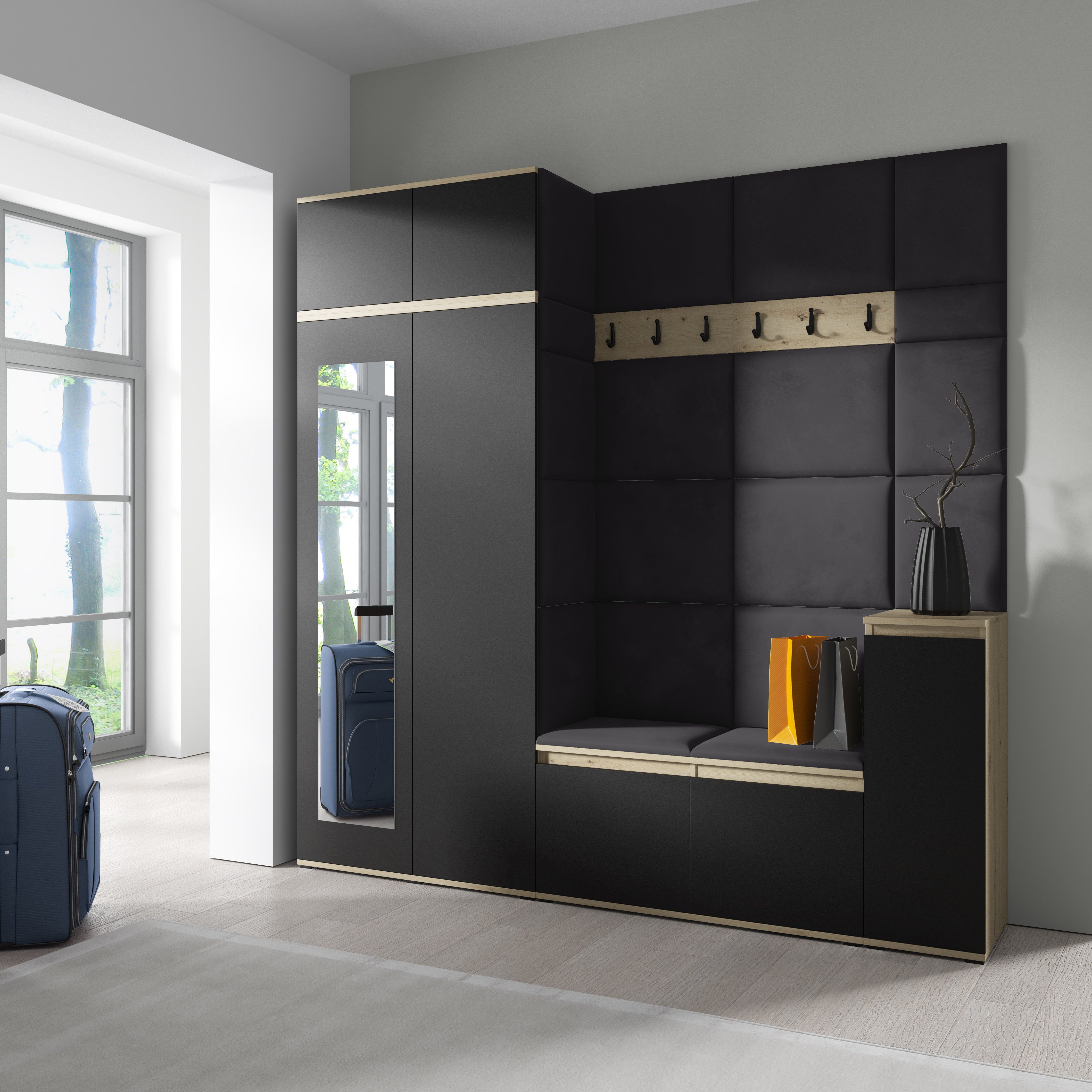 PK Emi 26 Hallway Wardrobe Aristan Oak/Black - Upholstered Panels in Various Colours