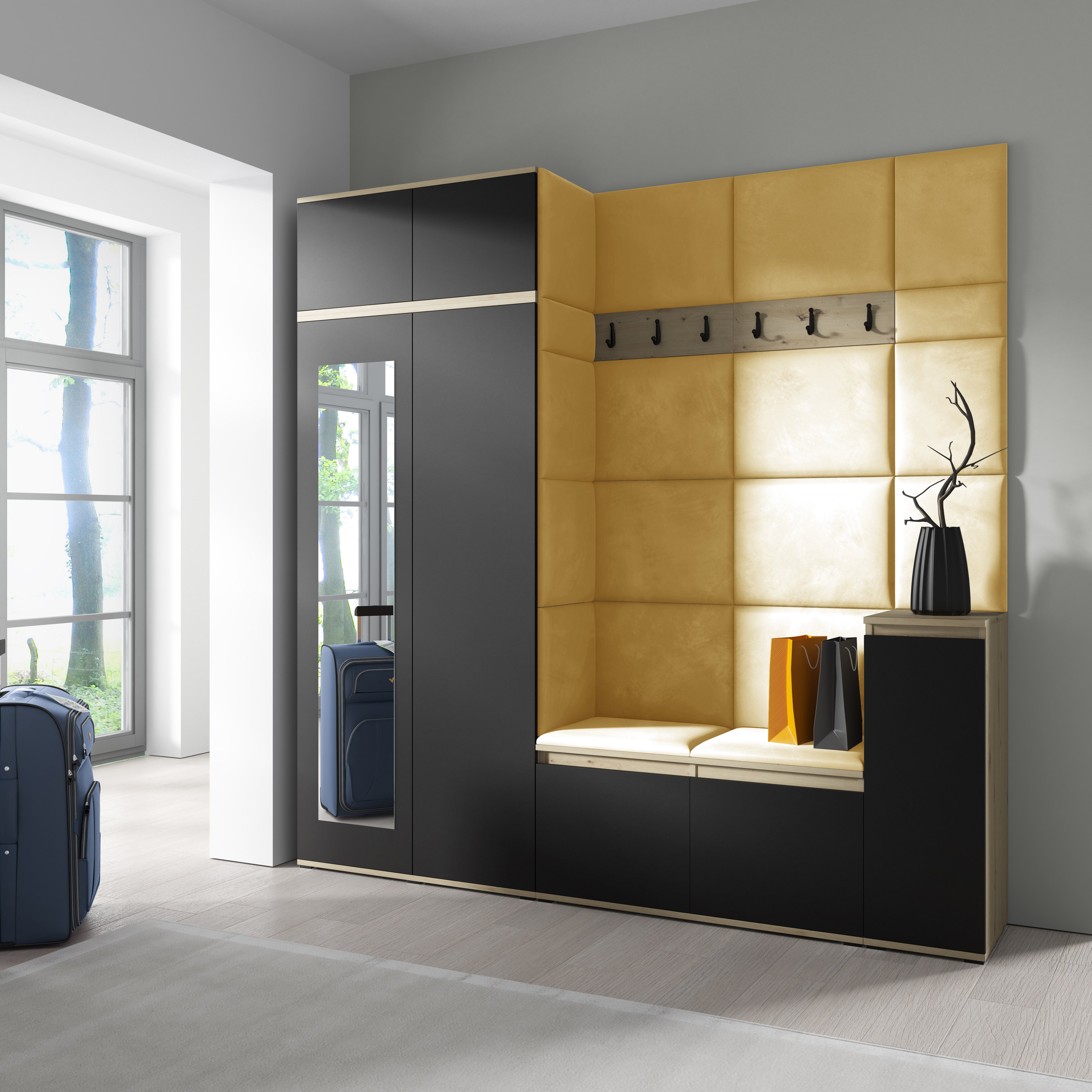 PK Emi 26 Hallway Wardrobe Aristan Oak/Black - Upholstered Panels in Various Colours