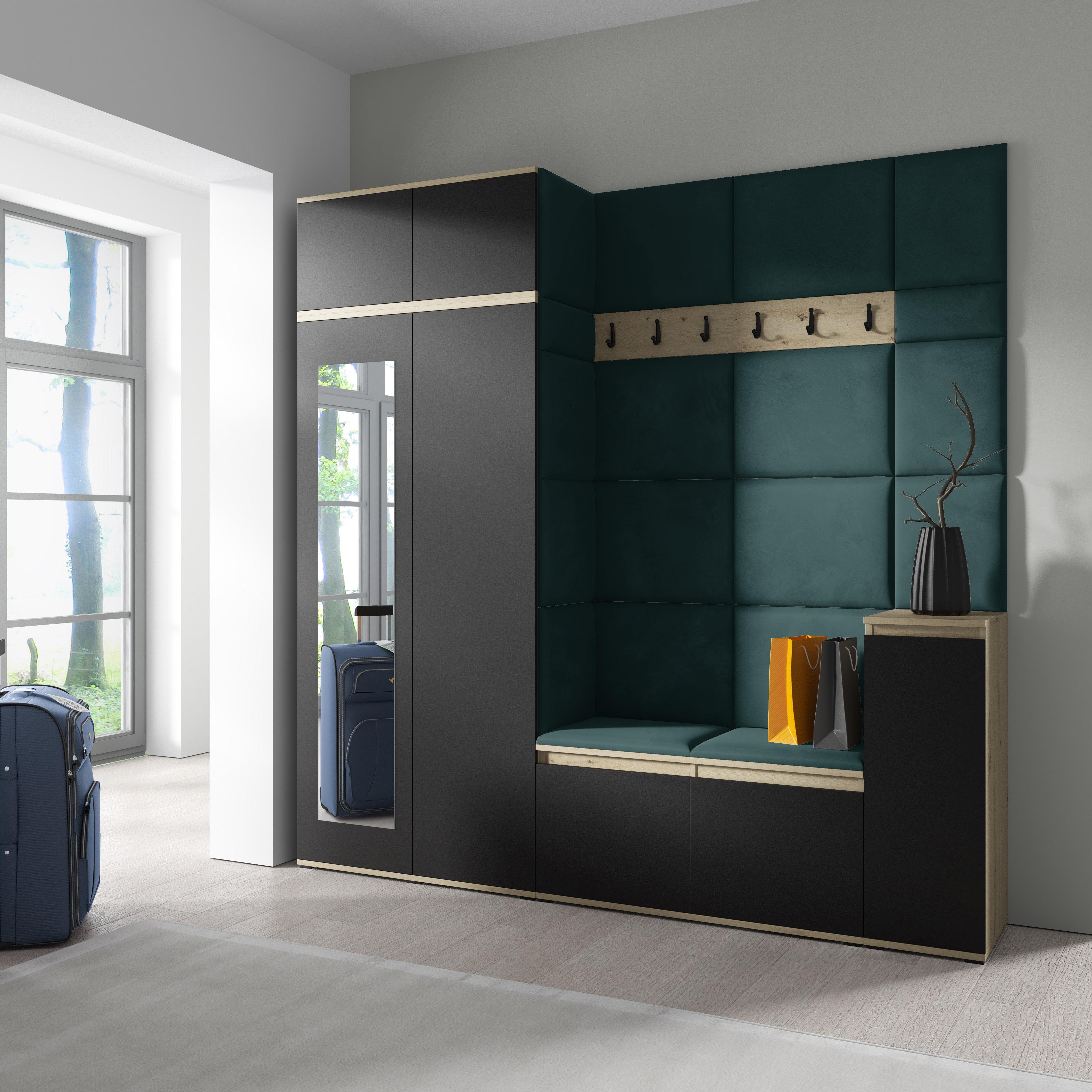 PK Emi 26 Hallway Wardrobe Aristan Oak/Black - Upholstered Panels in Various Colours