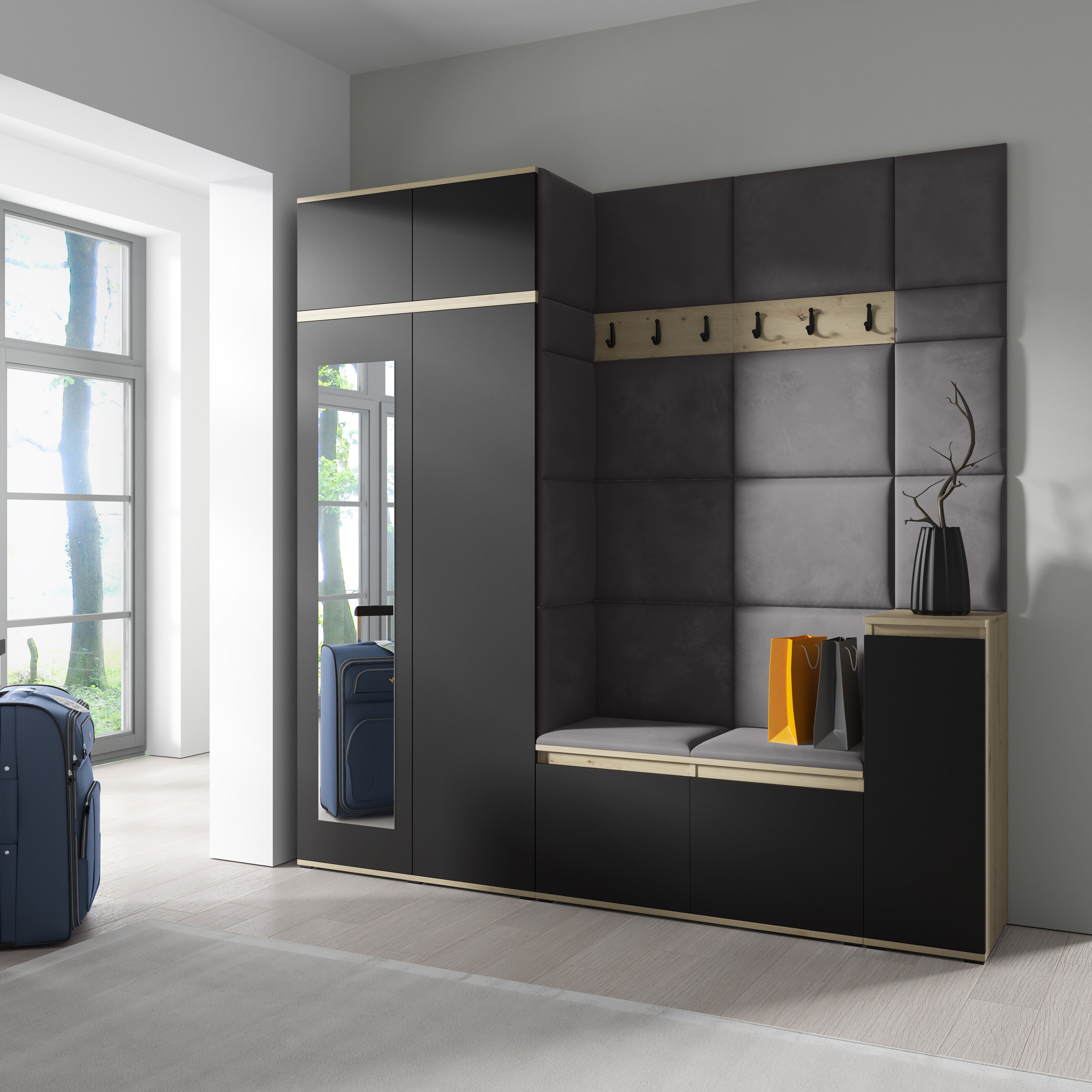 PK Emi 26 Hallway Wardrobe Aristan Oak/Black - Upholstered Panels in Various Colours