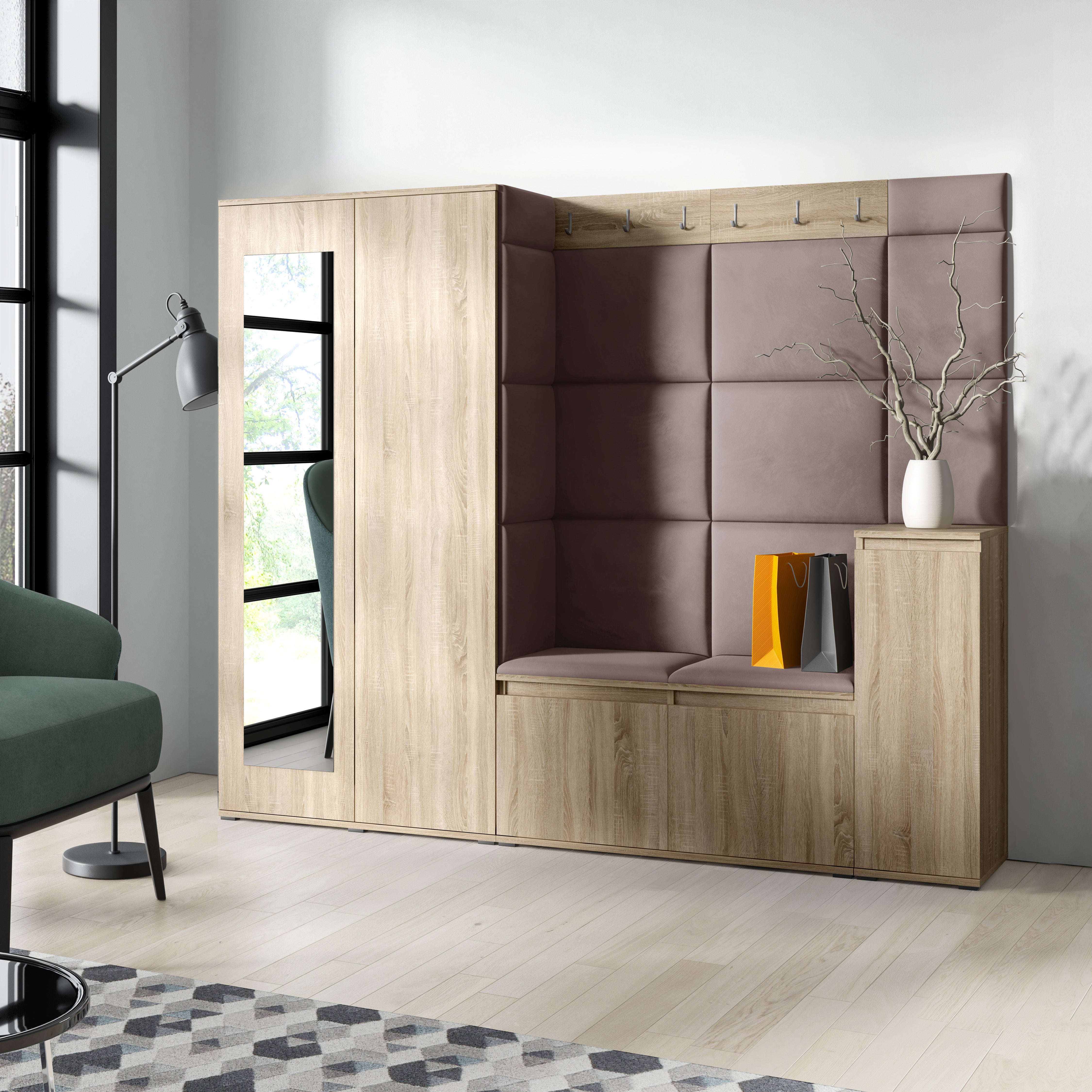 PK Emi 27 Hallway Wardrobe Sonoma Oak  - Upholstered Panels in Various Colours