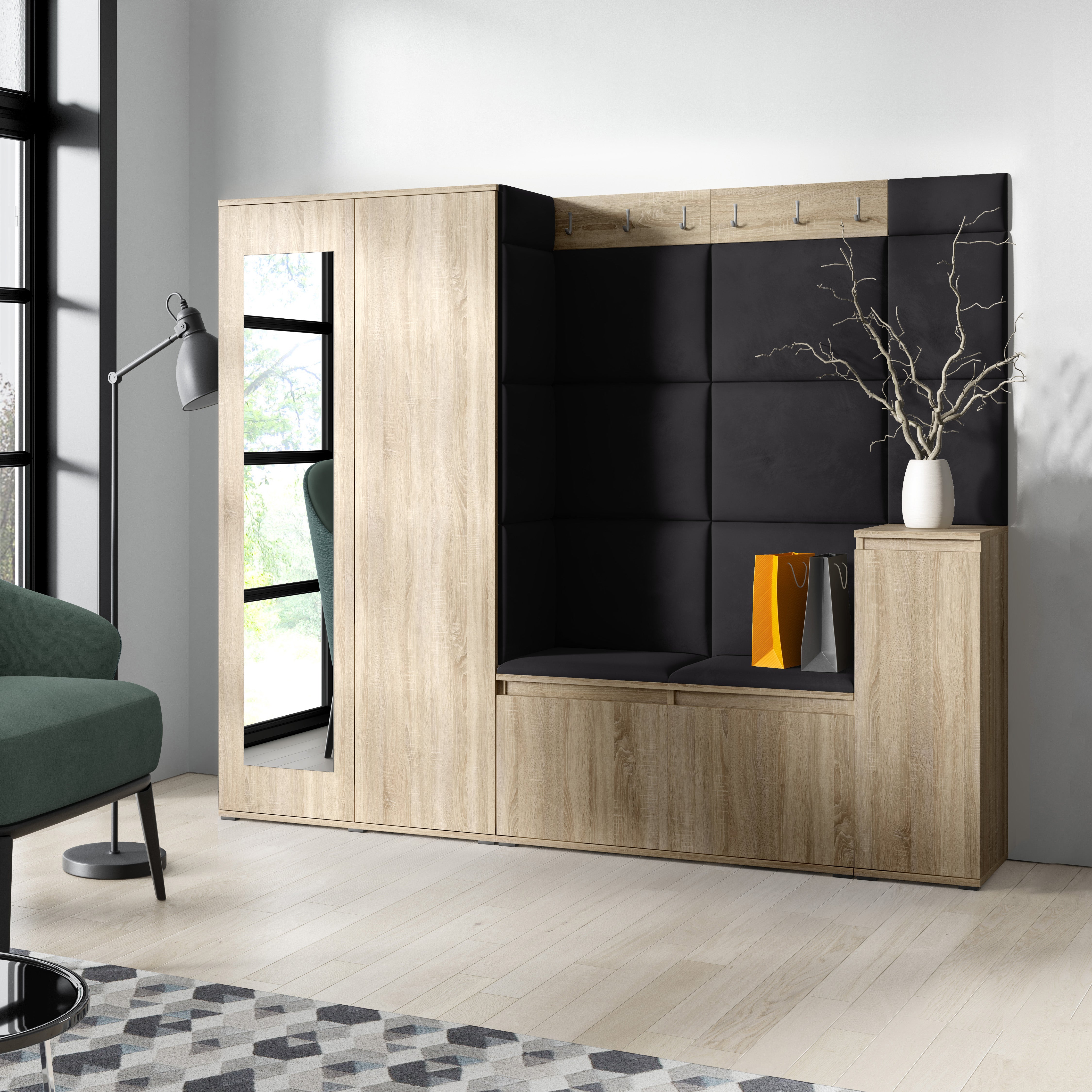 PK Emi 27 Hallway Wardrobe Sonoma Oak  - Upholstered Panels in Various Colours