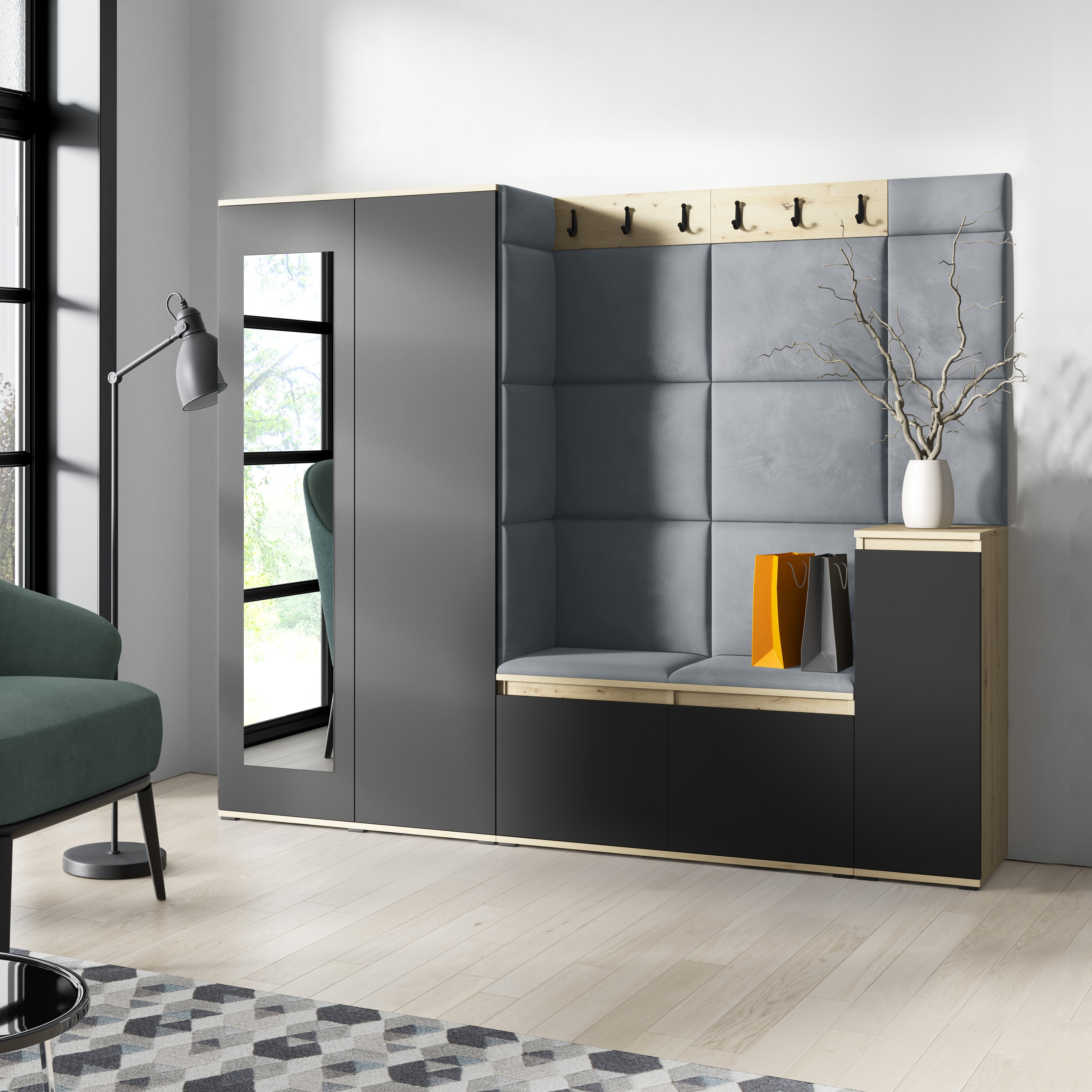 PK Emi 27 Hallway Wardrobe Aristan Oak/Black  - Upholstered Panels in Various Colours