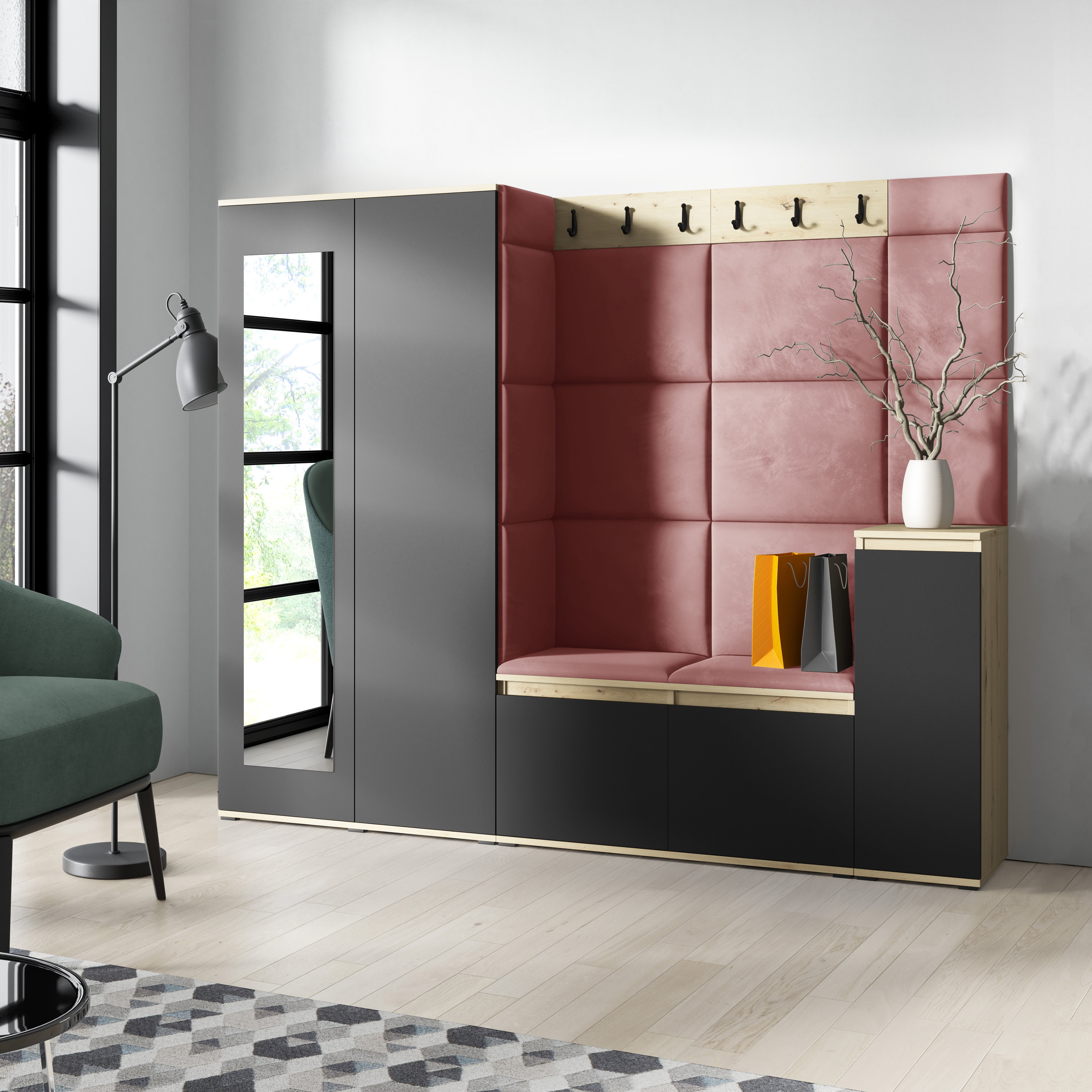 PK Emi 27 Hallway Wardrobe Aristan Oak/Black  - Upholstered Panels in Various Colours