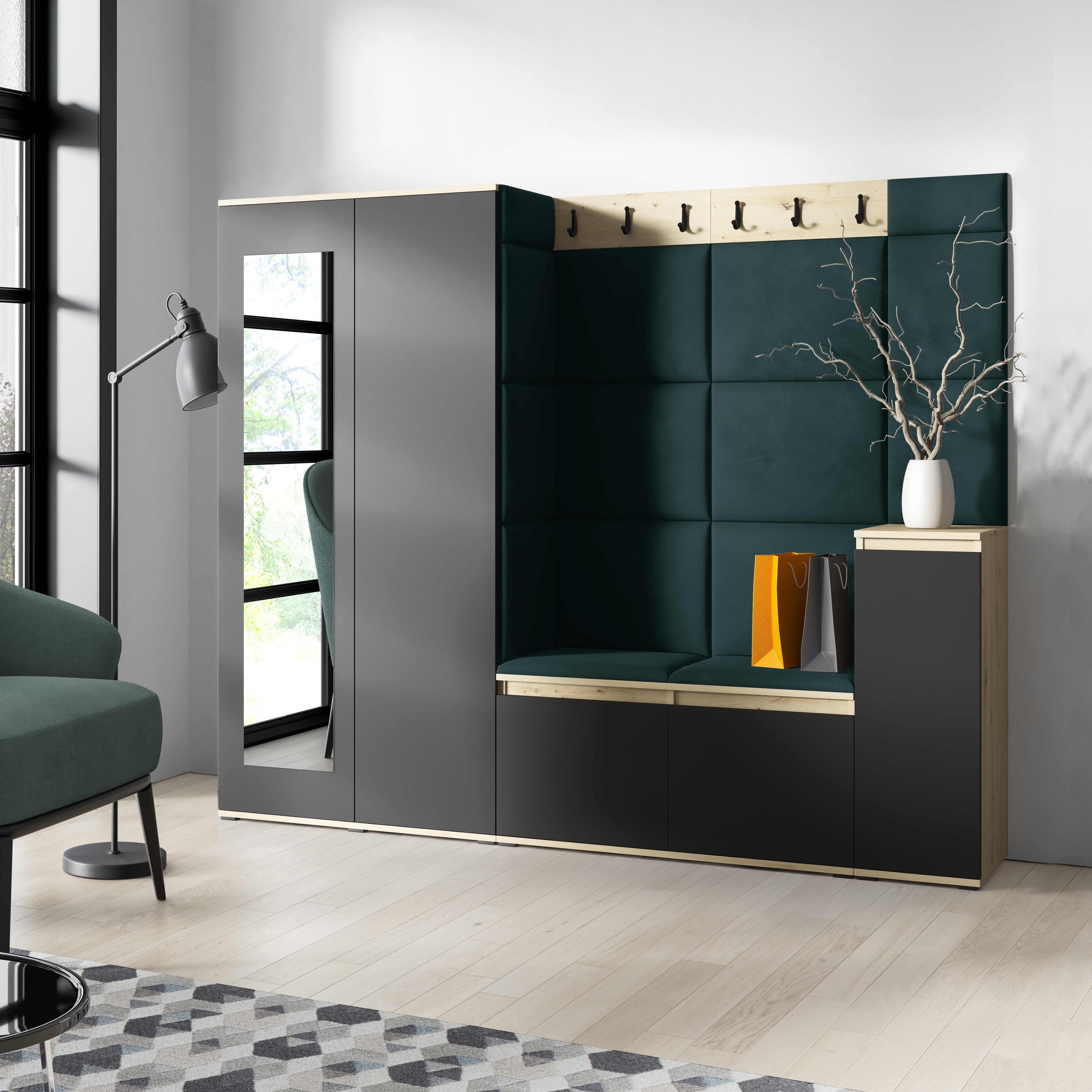 PK Emi 27 Hallway Wardrobe Aristan Oak/Black  - Upholstered Panels in Various Colours