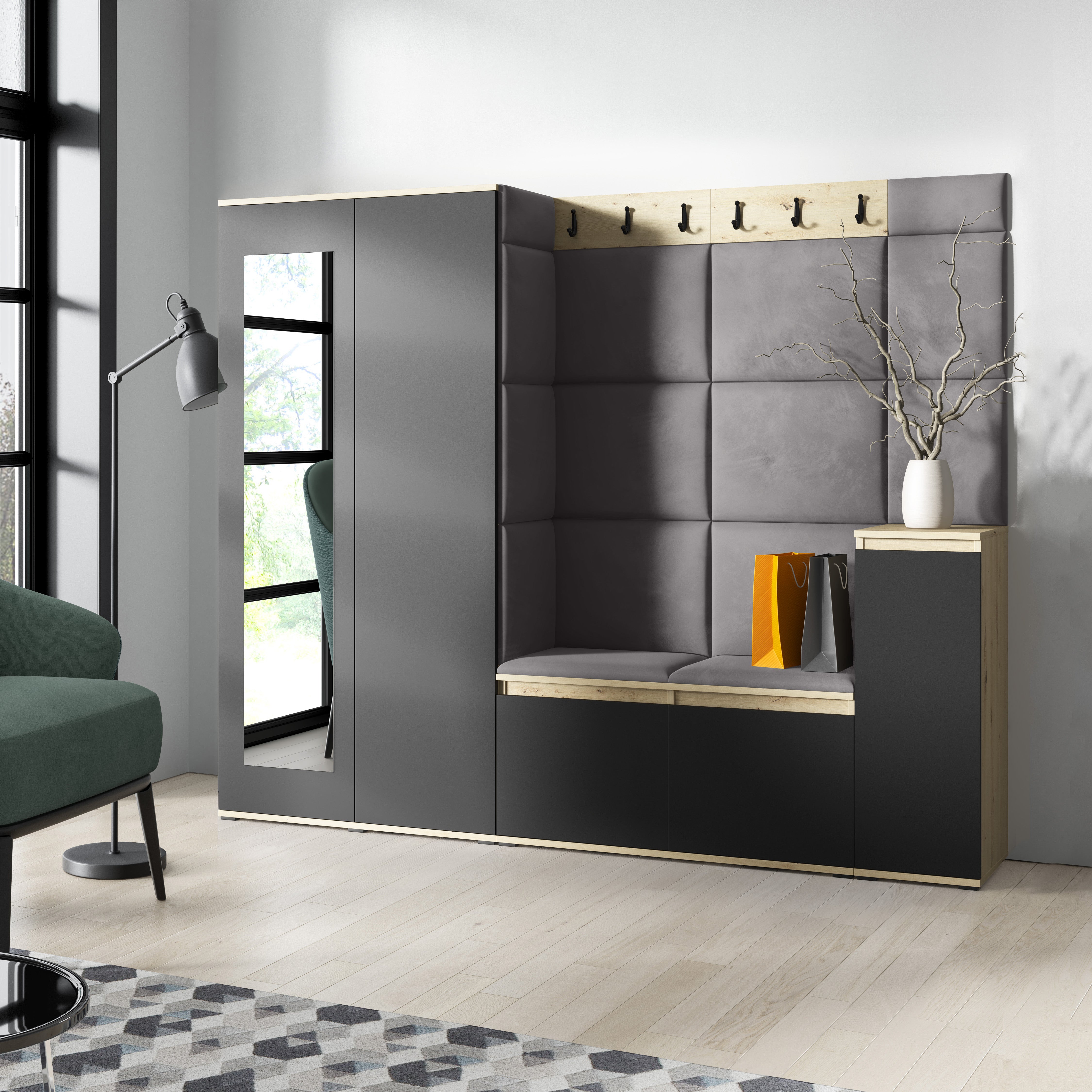 PK Emi 27 Hallway Wardrobe Aristan Oak/Black  - Upholstered Panels in Various Colours