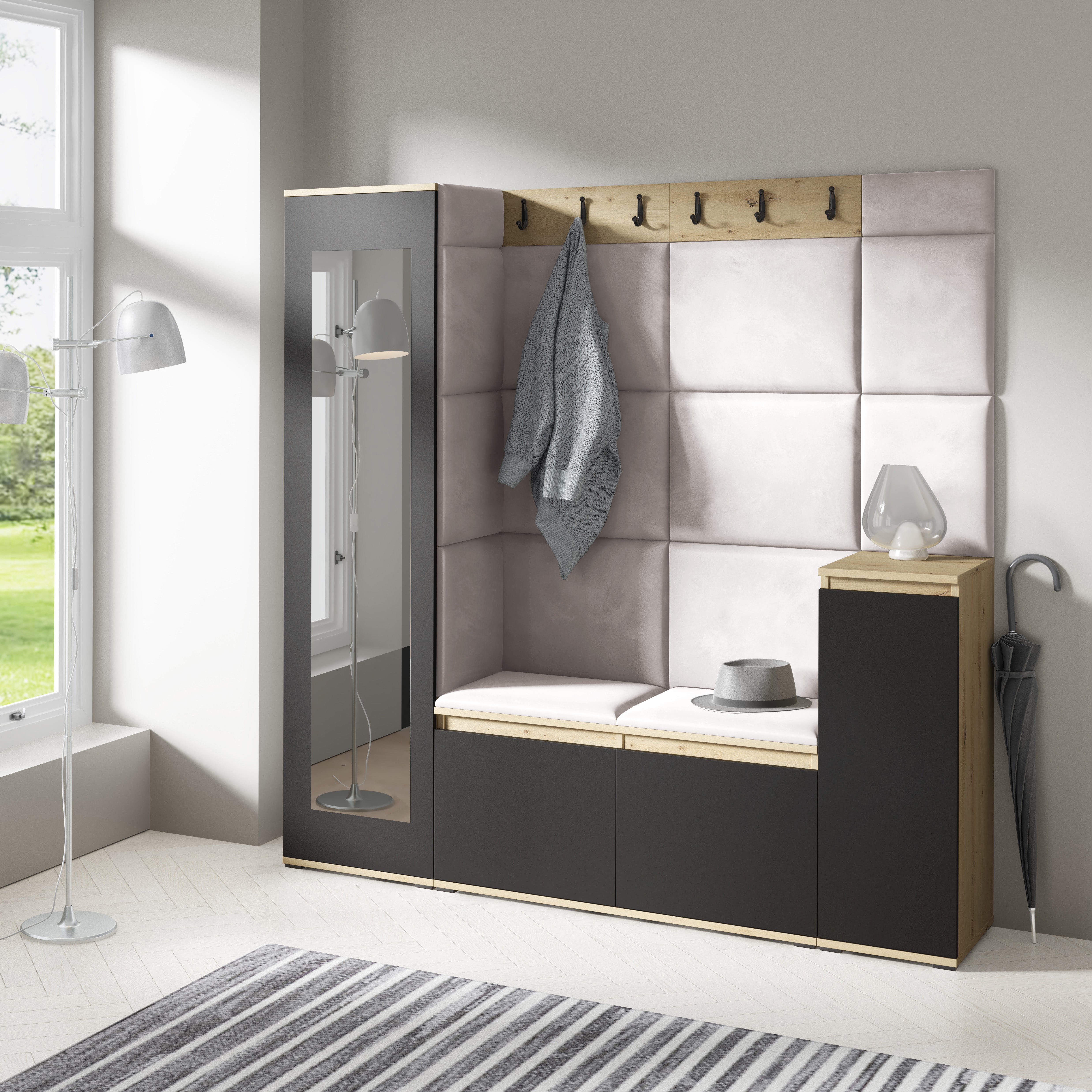 PK Emi 28 Hallway Wardrobe Aristan Oak/Black - Upholstered Panels in Various Colours