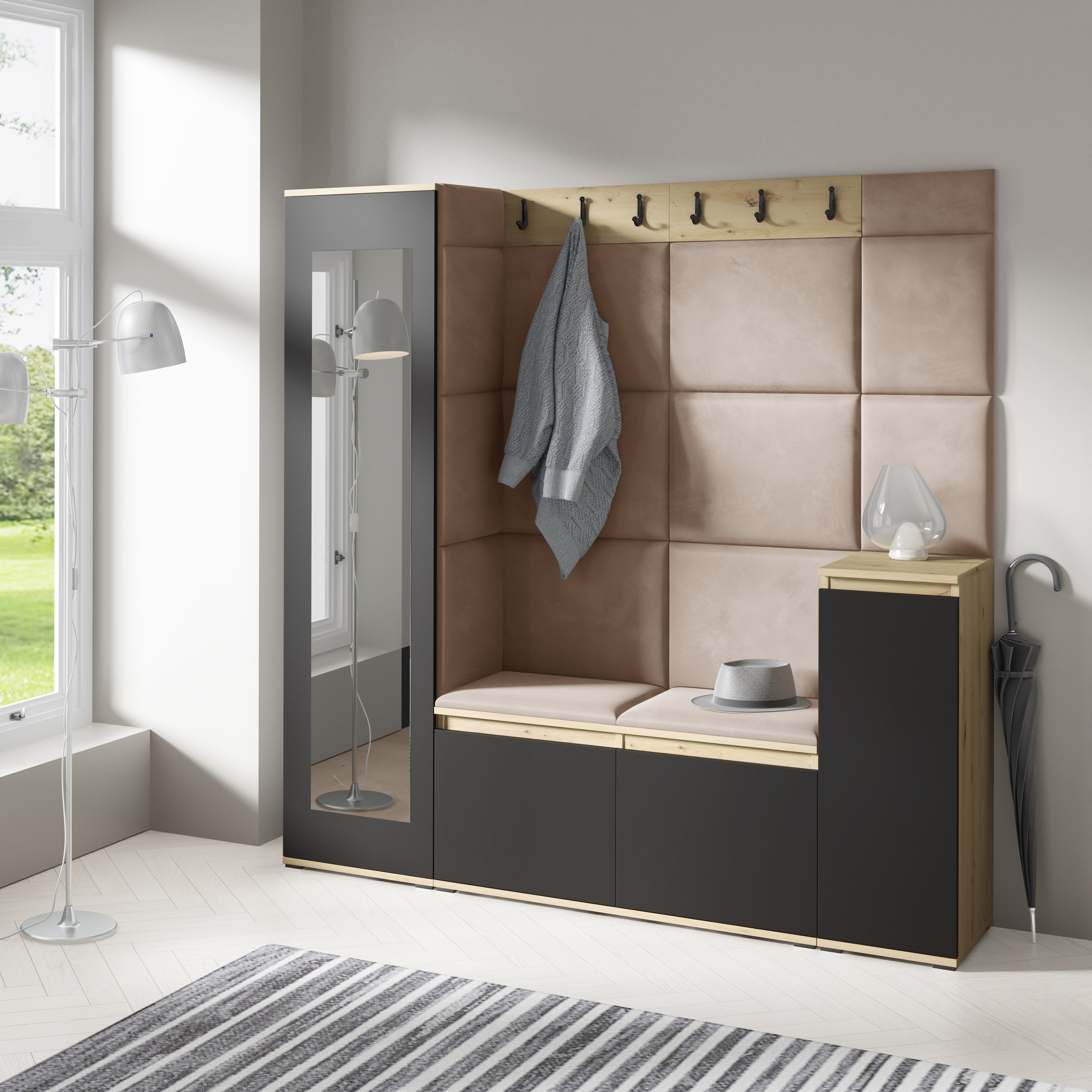 PK Emi 28 Hallway Wardrobe Aristan Oak/Black - Upholstered Panels in Various Colours