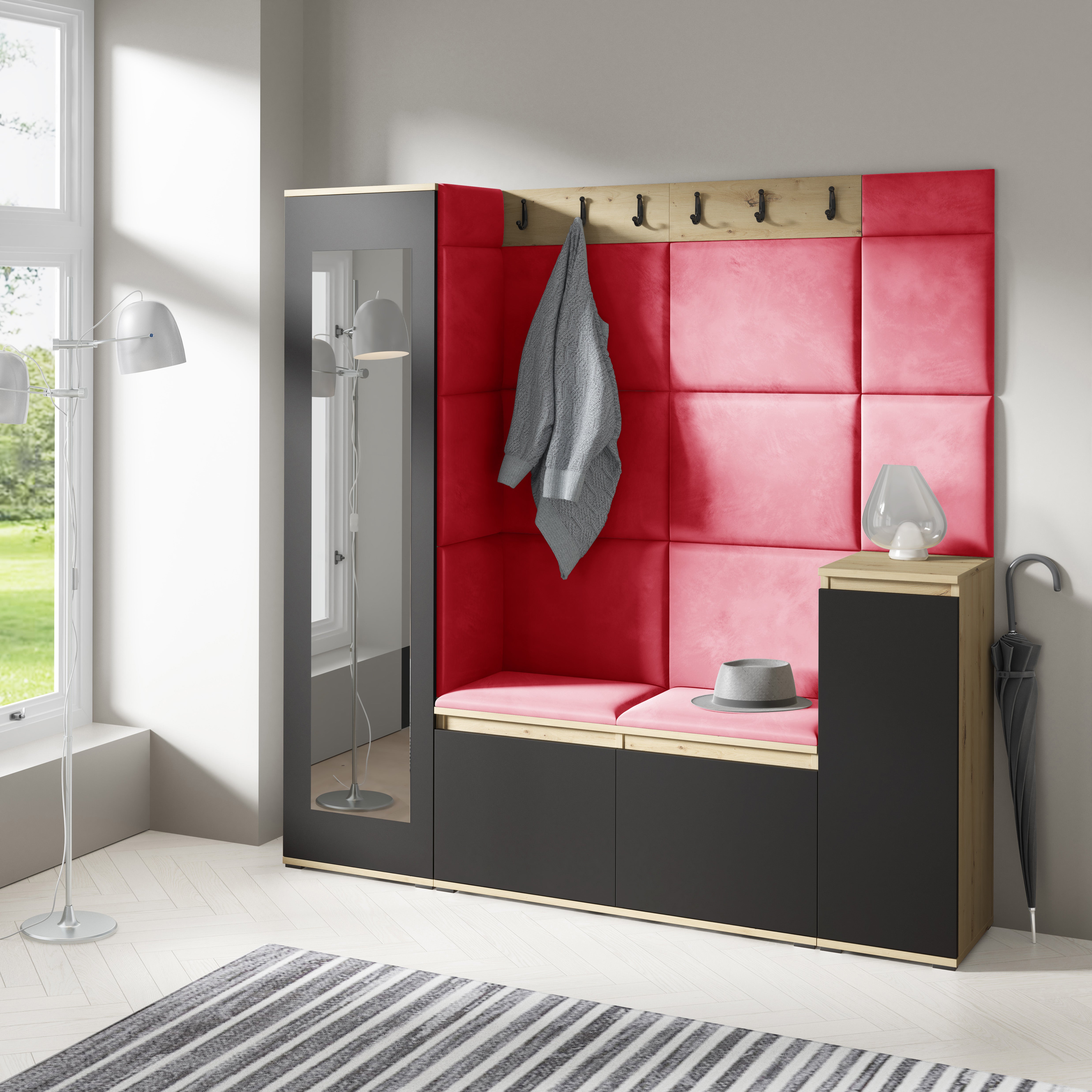 PK Emi 28 Hallway Wardrobe Aristan Oak/Black - Upholstered Panels in Various Colours