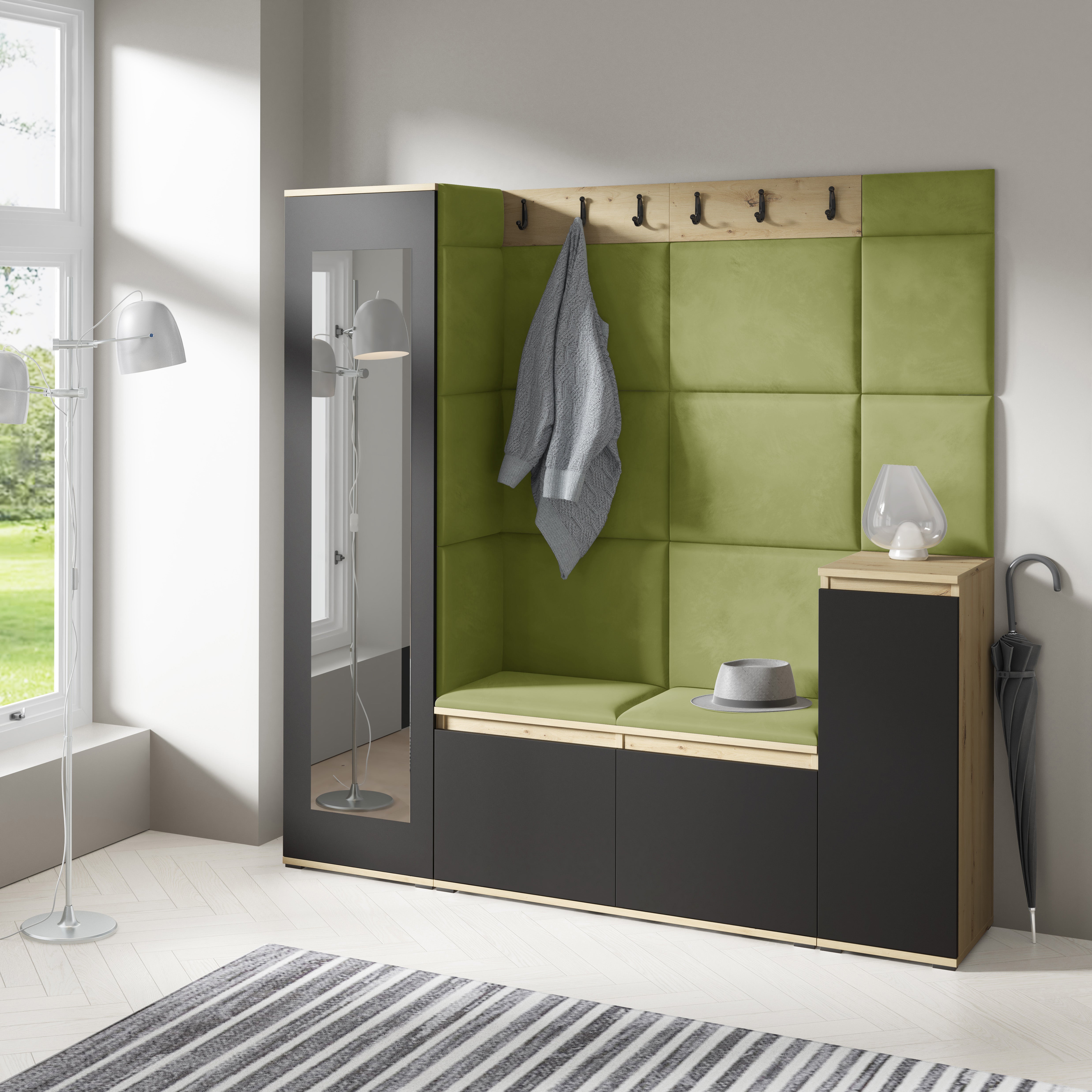 PK Emi 28 Hallway Wardrobe Aristan Oak/Black - Upholstered Panels in Various Colours