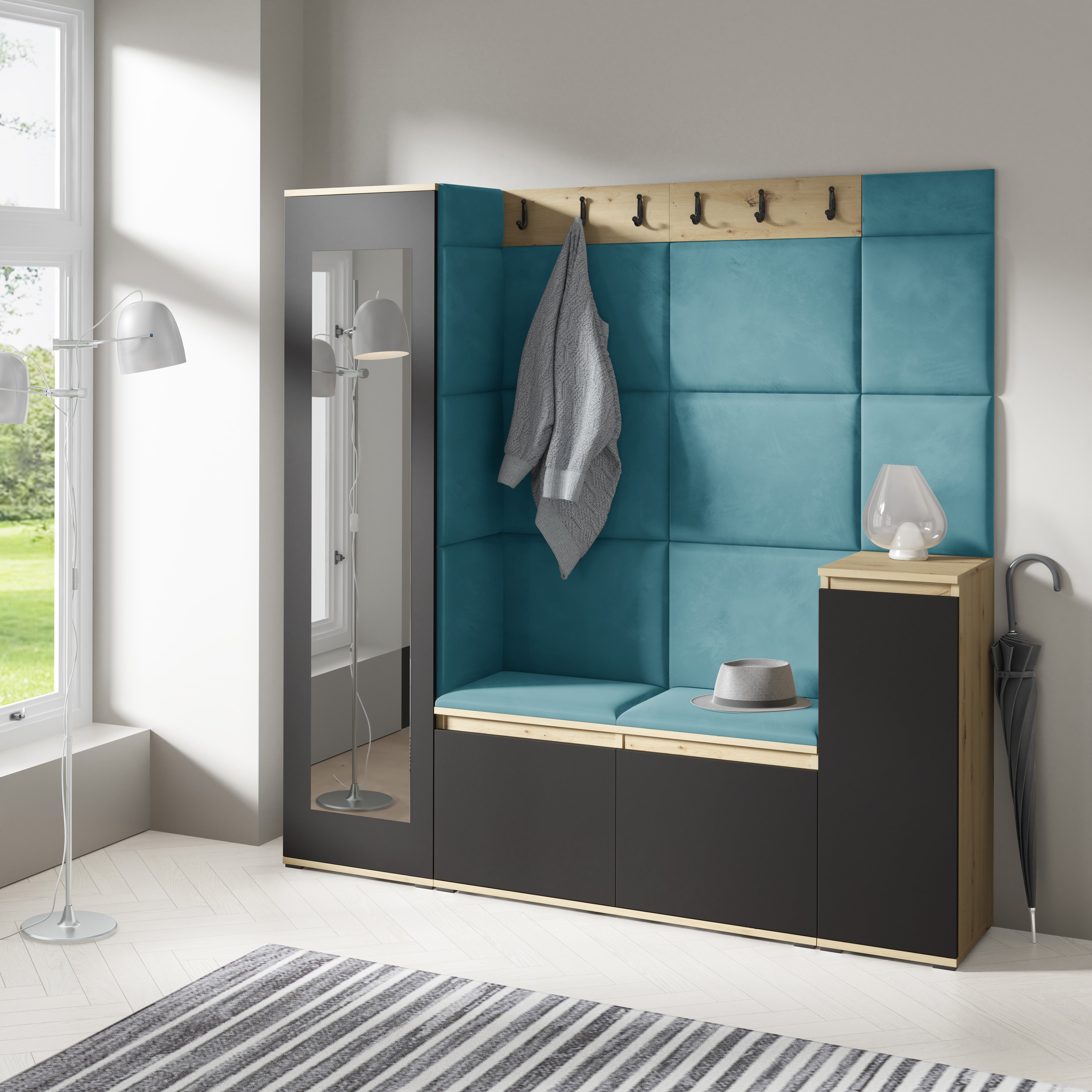 PK Emi 28 Hallway Wardrobe Aristan Oak/Black - Upholstered Panels in Various Colours