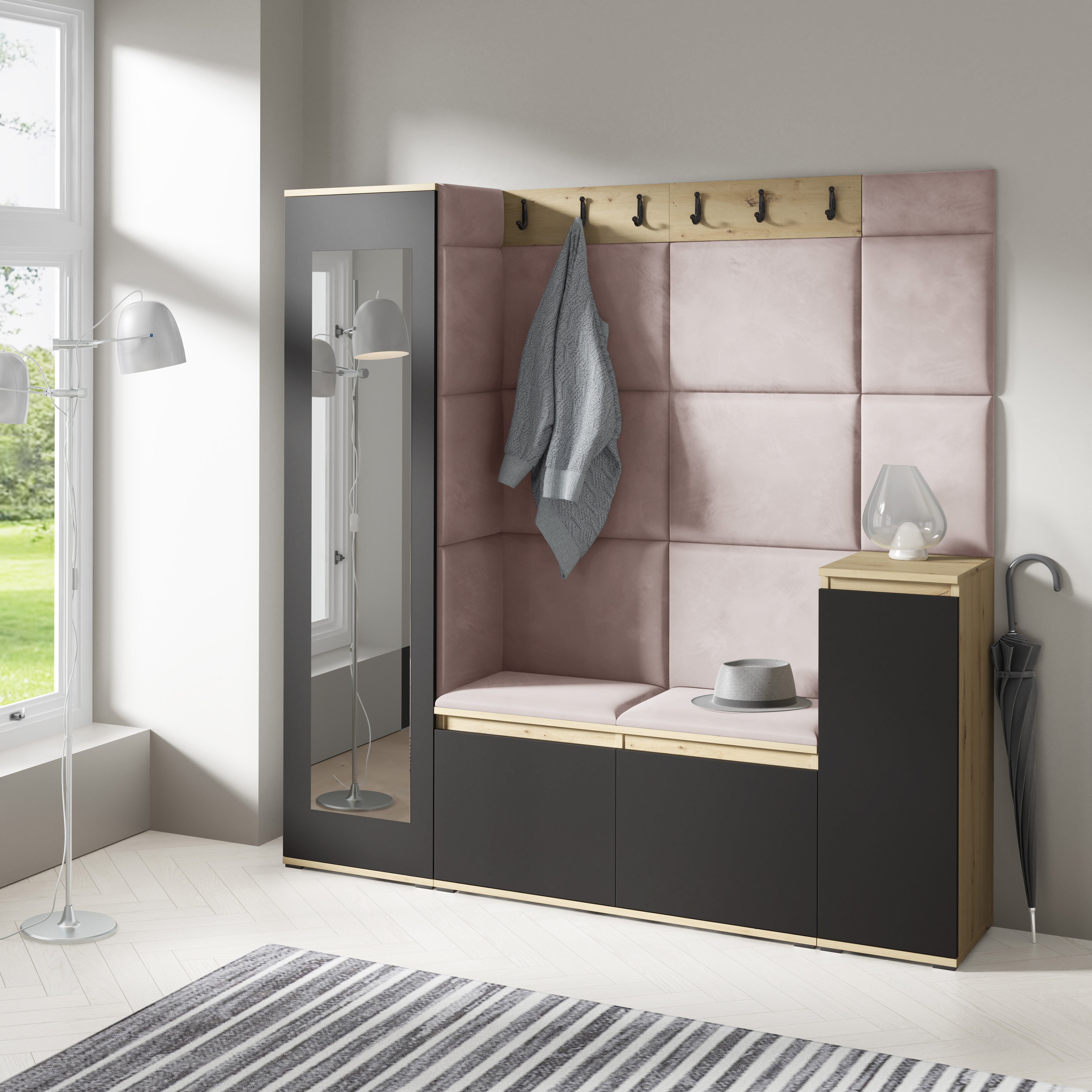 PK Emi 28 Hallway Wardrobe Aristan Oak/Black - Upholstered Panels in Various Colours