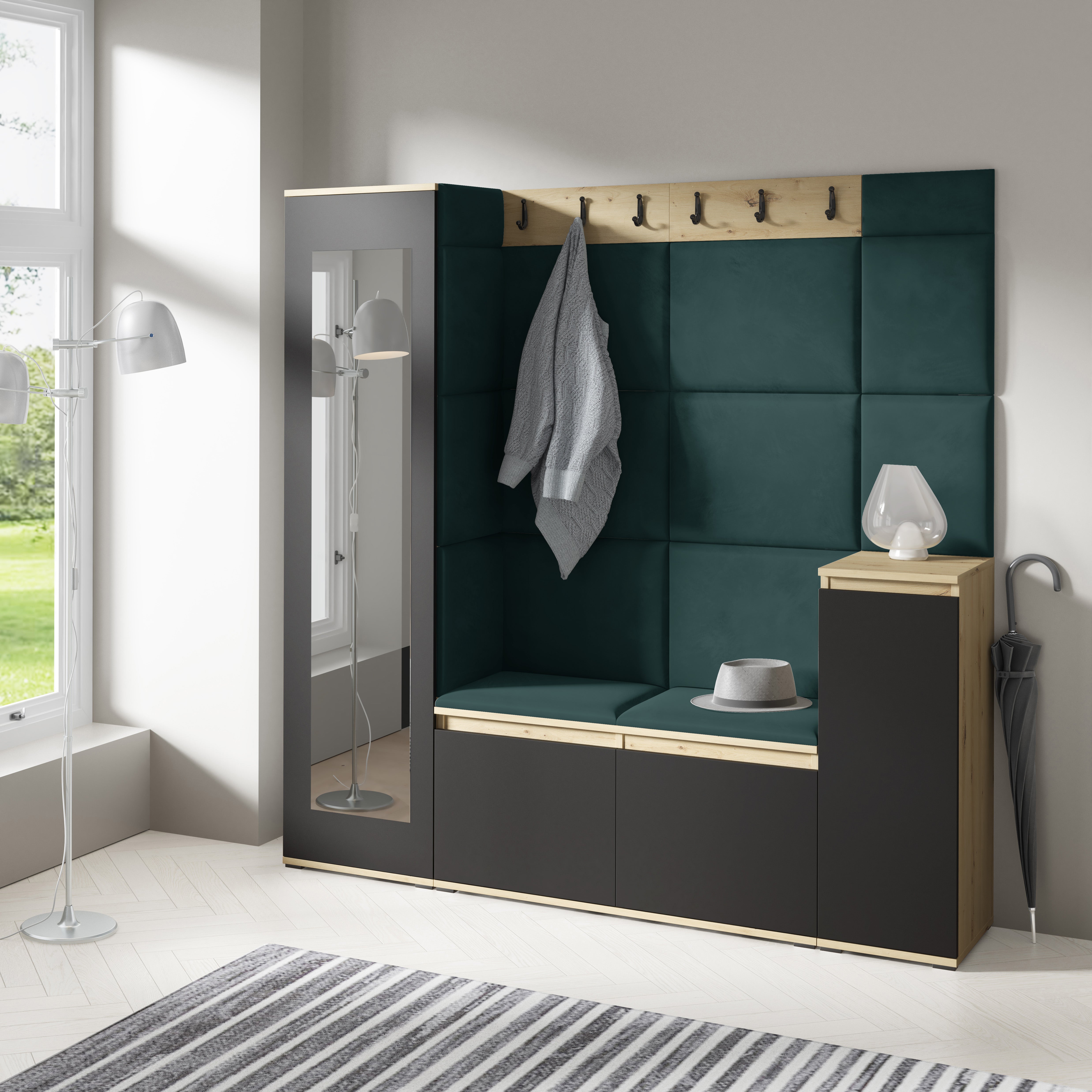 PK Emi 28 Hallway Wardrobe Aristan Oak/Black - Upholstered Panels in Various Colours