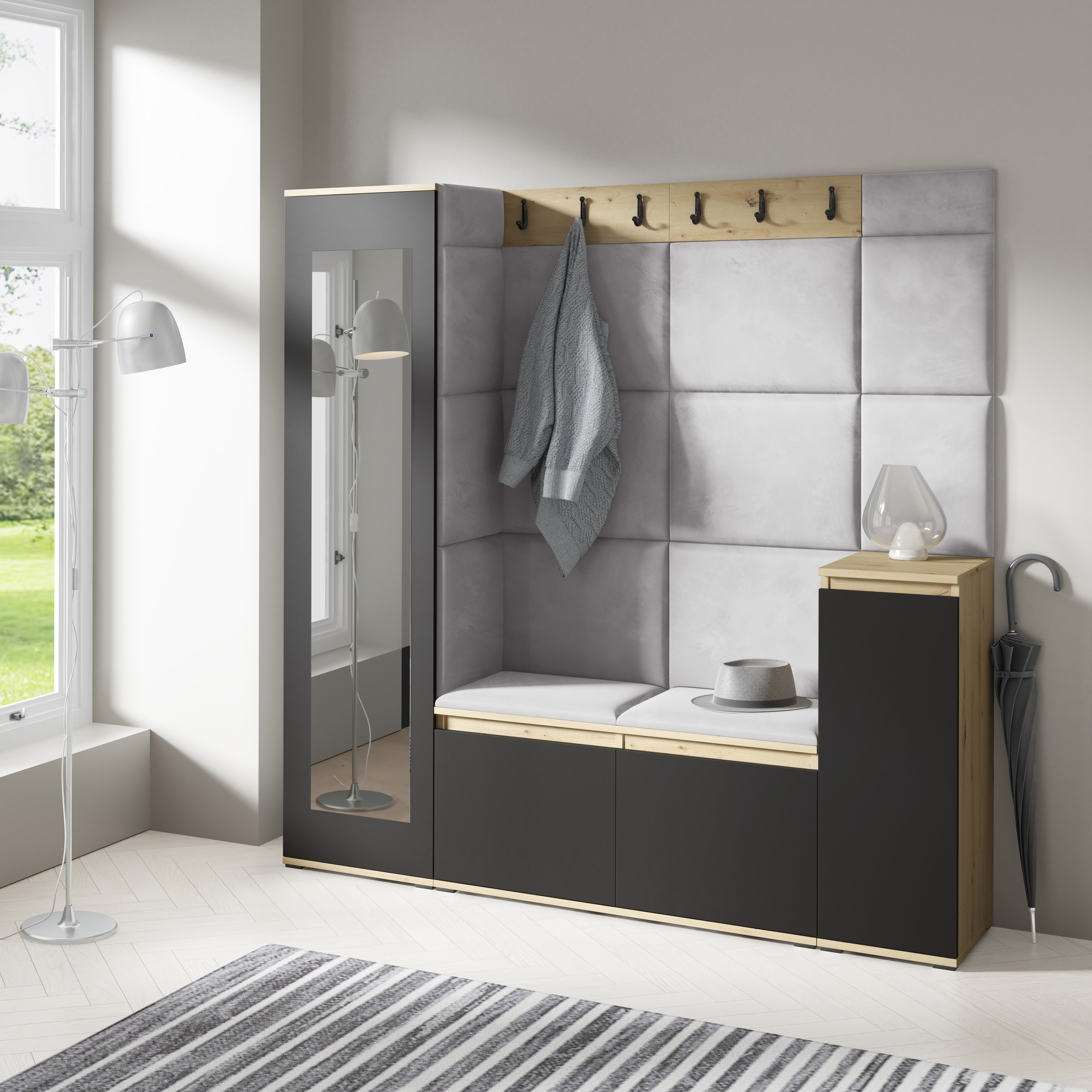 PK Emi 28 Hallway Wardrobe Aristan Oak/Black - Upholstered Panels in Various Colours