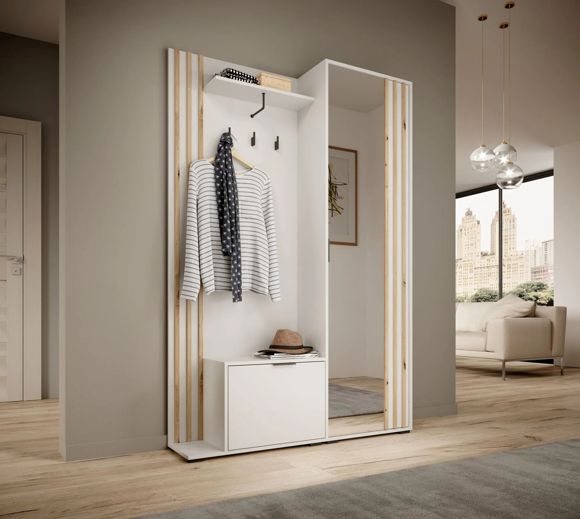 Nelly Hallway Wardrobe - White / Artisan Slat / Mirror