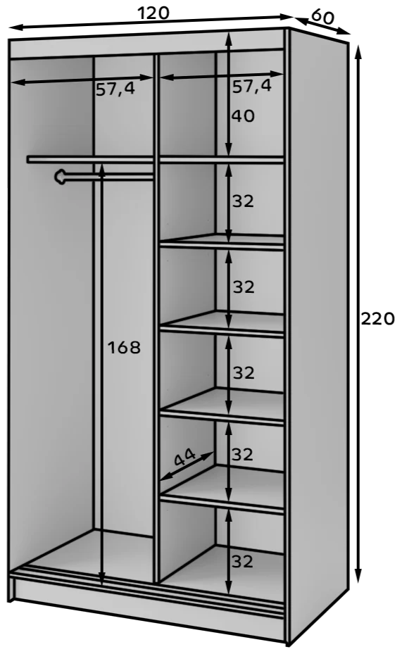 Eltap Prescco II 2D Sliding Wardrobe – Black Matte 120 cm With Mirror