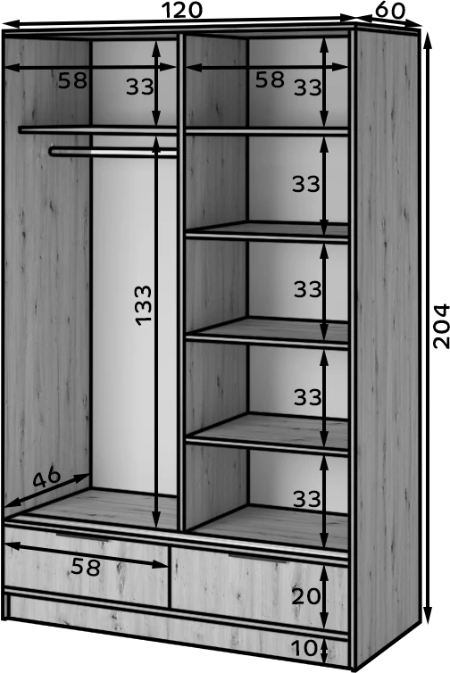 Eltap Voodi II 2D Sliding Wardrobe – Aristan Oak 120 cm with Mirror