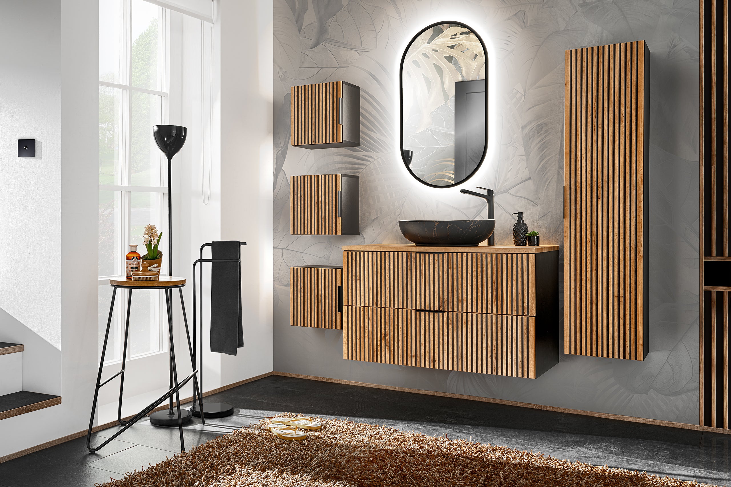 Xilo Tall Cabinet – Black / Wotan Oak, 35 cm