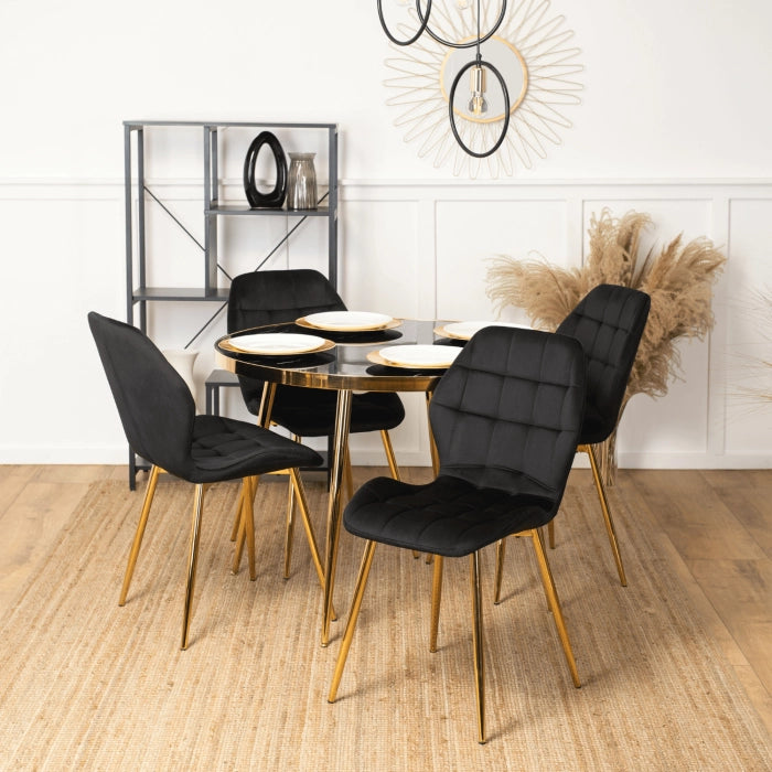 Elite TINGA Dining Set – 100 cm Black/Gold Table & 4 LUCKY Black Velvet Chairs