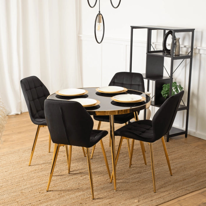 Elite TINGA Dining Set – 100 cm Black/Gold Table & 4 LUCKY Black Velvet Chairs